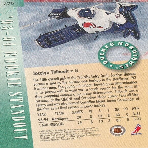 Jocelyn Thibault - 1994 Parkhurst Rookie Card - Picture 2 of 2